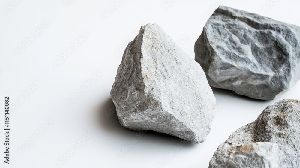 Three rough gray stones displayed against a clean white background, emphasizing natural texture and simplicity. Three rough gray stones displayed against a clean white background, emphasizing natural texture and simplicity.