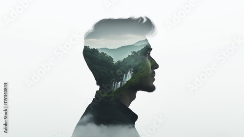 A striking double exposure of a musician's profile merged with lush waterfalls.