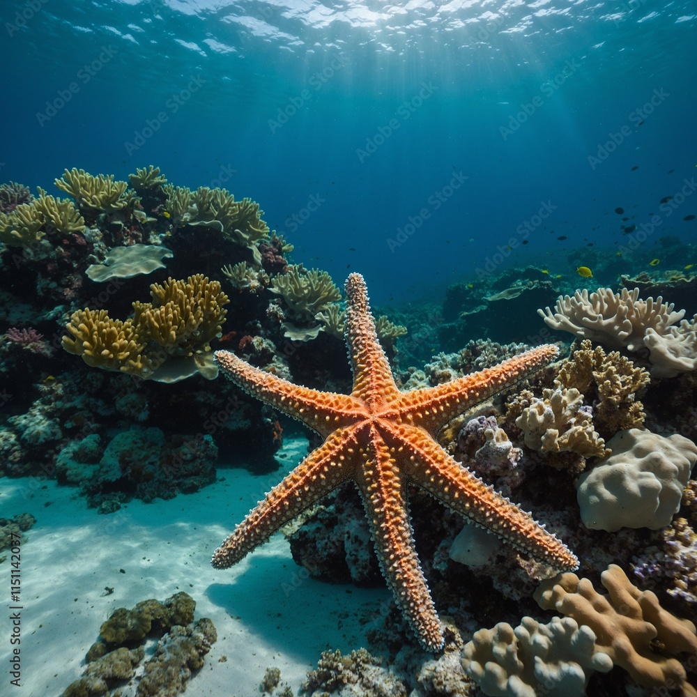 A starfish resting on coral reefs in turquoise waters. A starfish resting on coral reefs in turquoise waters.