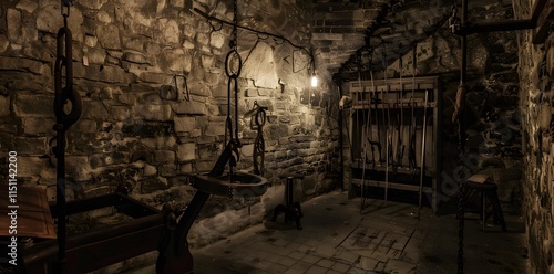 Medieval torture chamber with cold stone walls and menacing instruments of pain.