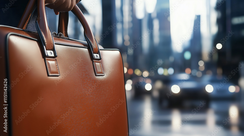 Close-up of a leather briefcase held in a cityscape background, symbolizing business and urban professional life. Close-up of a leather briefcase held in a cityscape background, symbolizing business and urban professional life.