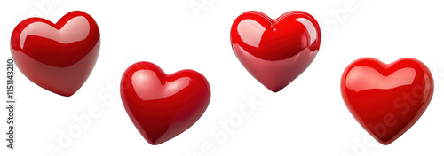 Set of glossy red heart shapes in different angles isolated on a transparent background