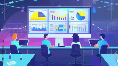 Wallpaper Mural Business analytics team collaborating in a modern workspace with advanced digital data visualization tools on a high-resolution screen. Torontodigital.ca