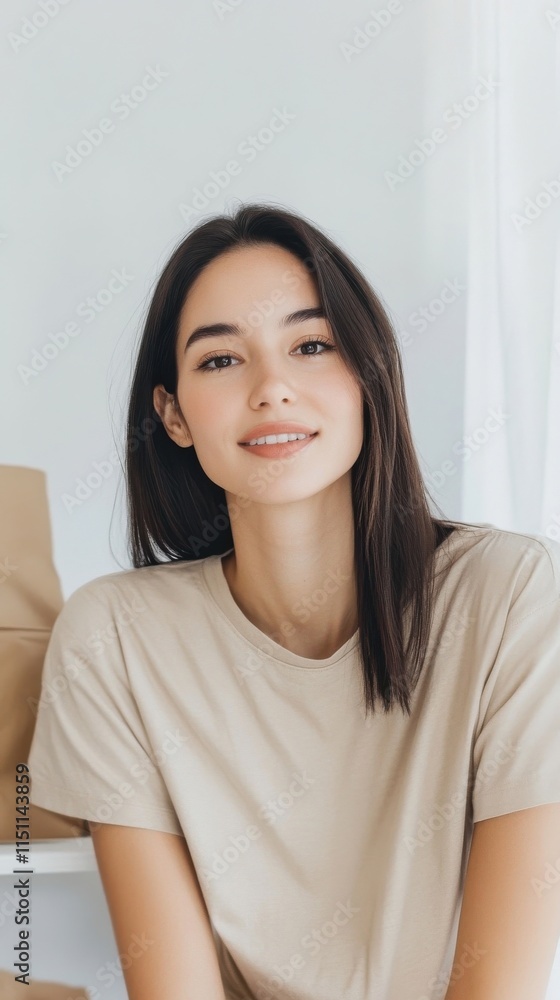 Young Woman with Long Dark Hair Wearing a Beige T-Shirt, Smiling Brightly Against a Soft-Textured Background in a Bright and Minimalist Setting Young Woman with Long Dark Hair Wearing a Beige T-Shirt, Smiling Brightly Against a Soft-Textured Background in a Bright and Minimalist Setting