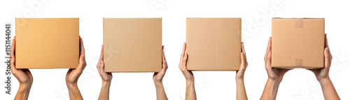 Set of hands holding cardboard boxes isolated on transparent background