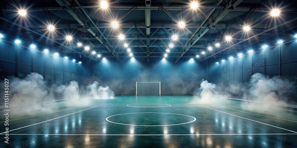 Obraz premium Empty futsal field with artificial lights and smoke, futsal, field, artificial lights, smoke, empty, sports