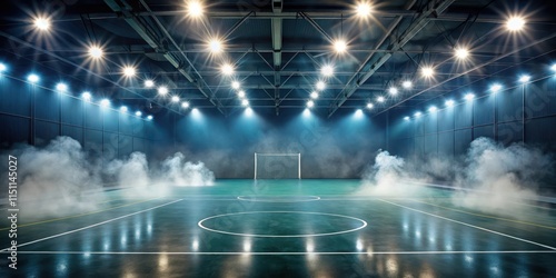 Empty futsal field with artificial lights and smoke, futsal, field, artificial lights, smoke, empty, sports