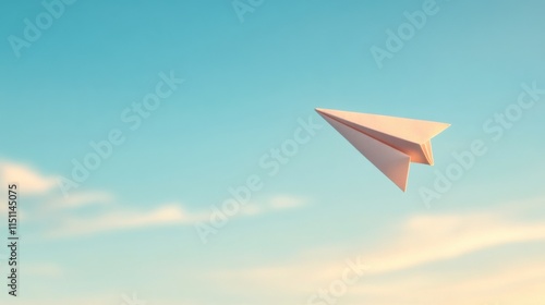 A paper airplane soars through a clear blue sky, symbolizing freedom, creativity, and the simplicity of childhood joy.
