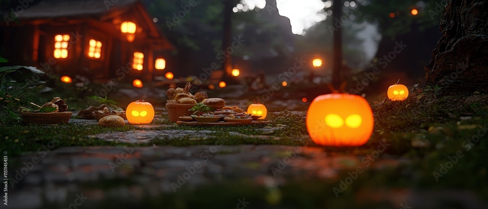 Fototapeta premium Enchanting Autumn Picnic Jack o lanterns Gourmet Food Cozy Cabin