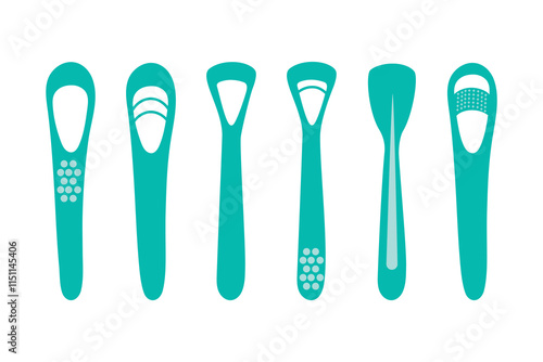 Tongue scraper, plastic metal. Vector illustration of professional dental instrument for oral care. Healthy lifestyle and oral care.