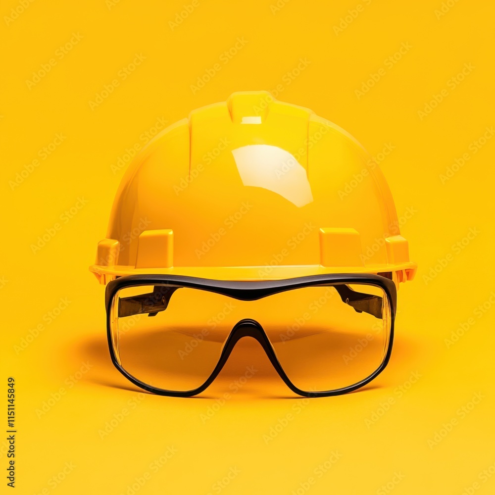 Naklejka premium Yellow safety helmet and goggles on vibrant yellow background, symbolizing construction, protection, and industrial safety.