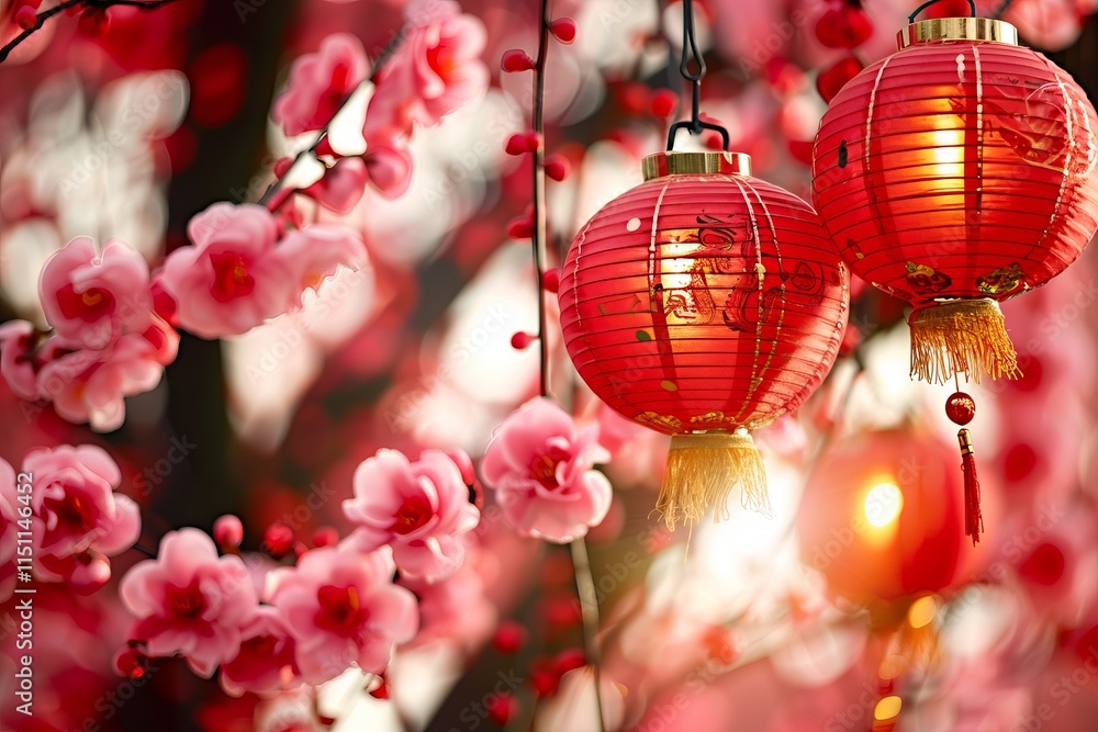 Obraz premium Festive red lanterns amid blossoming cherry blossoms celebrating chinese new year.