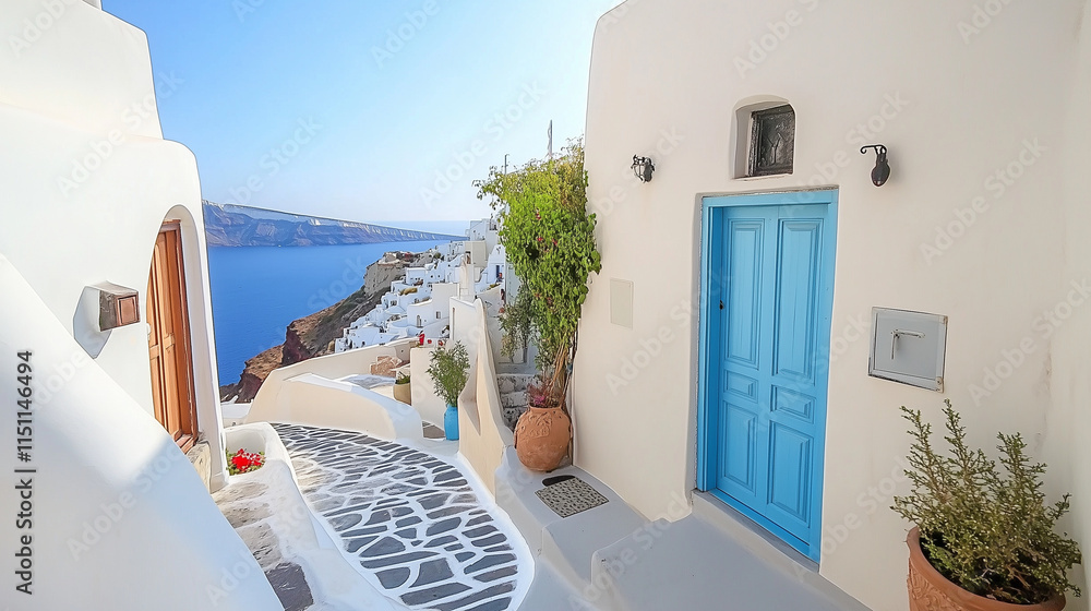 Fototapeta premium Oia village, Santorini, Greece. Traditional houses on Santorini Island. Narrow streets and rooftops, churches and hotels. Sunset view.