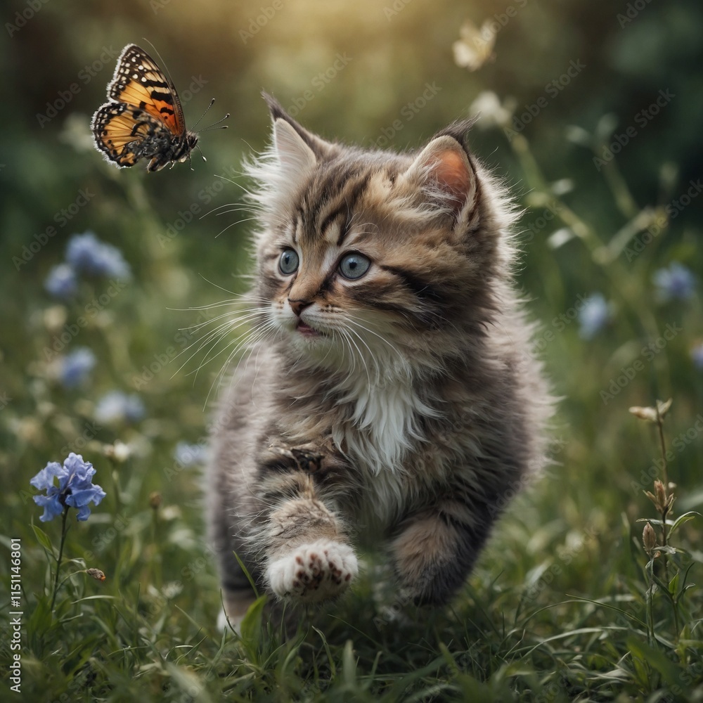 Obraz premium A fluffy kitten chasing a butterfly.