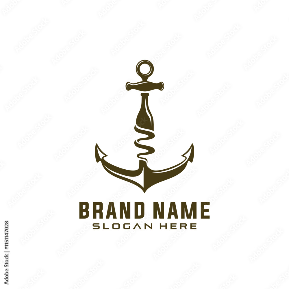 Anchor and wine bottle silhouette vector logo design Anchor and wine bottle silhouette vector logo design
