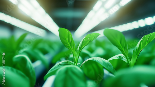 Rows of fresh green plants growing under bright LED lights in a modern indoor vertical farming environment. photo