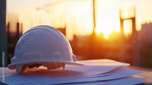 White safety helmet placed on blueprints with a construction site and warm sunset in the background.
 photo