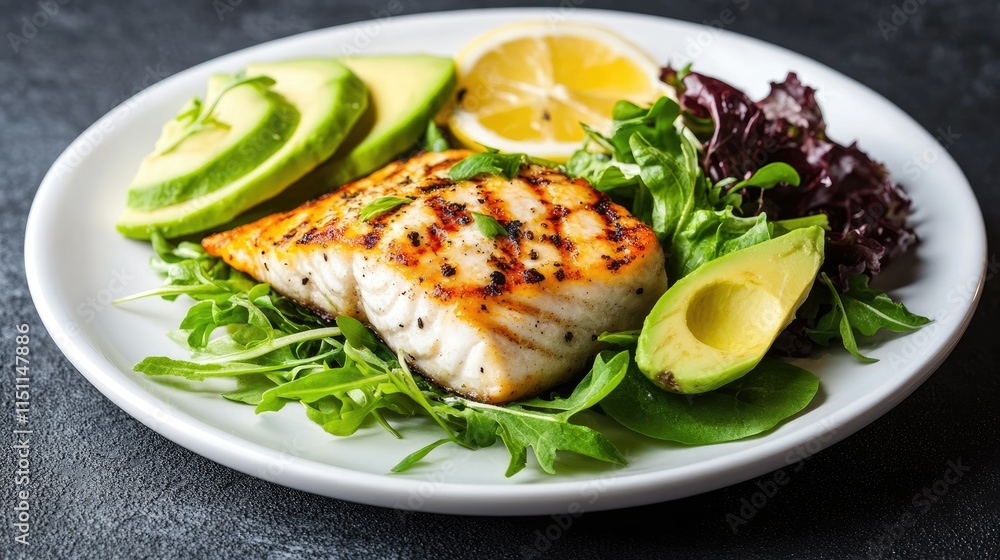 Grilled fish fillet served on fresh greens with avocado slices, lemon wedges, and a touch of herbs, highlighting healthy eating and gourmet presentation Grilled fish fillet served on fresh greens with avocado slices, lemon wedges, and a touch of herbs, highlighting healthy eating and gourmet presentation
