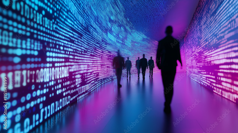 Silhouetted figures walking through a vibrant tunnel of digital binary code in glowing blue and pink hues.
Silhouetted figures walking through a vibrant tunnel of digital binary code in glowing blue and pink hues.