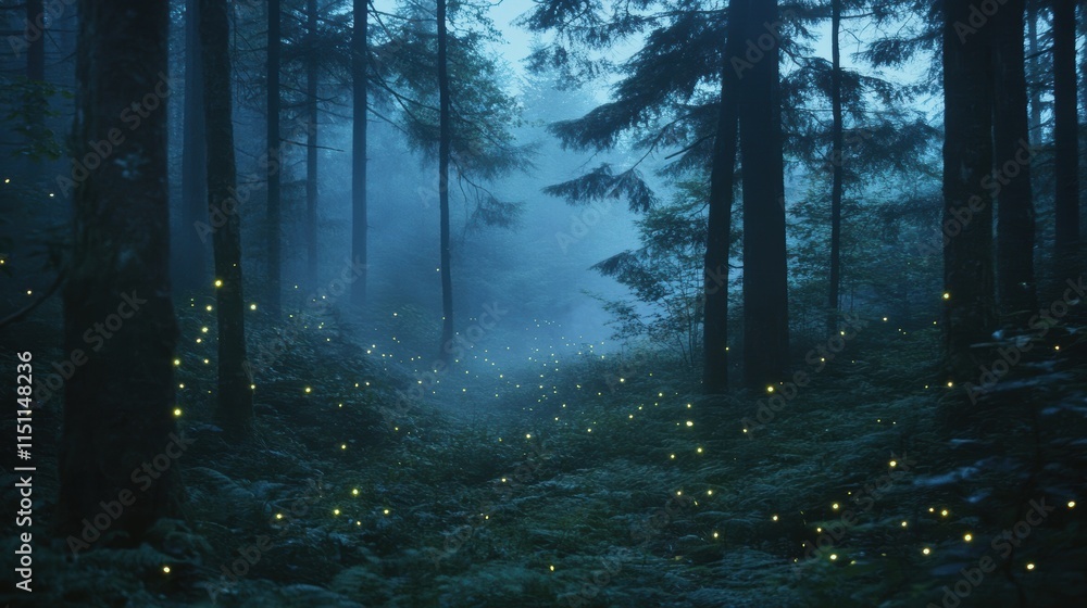 Obraz premium Serene twilight viewpoint captivating glow of fireflies in enchanted forest clearing