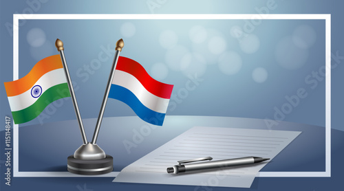 India and Netherlands National flags on small table with bokeh background, cooperative relationship