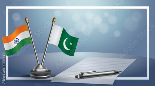 India and Pakistan National flags on small table with bokeh background, cooperative relationship