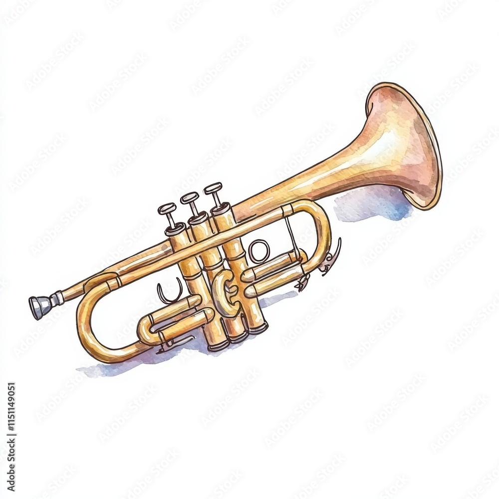 Fototapeta premium Watercolor illustration of a trumpet musical instrument art studio creative workspace close-up view artistic expression, isolated on white background