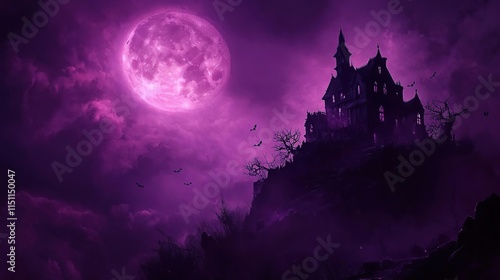 purple full moon over a castle with bats flying in the sky photo