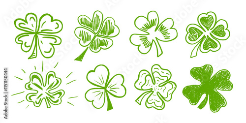 Lucky four, three clover shamrock leaf icon hand drawn style vector illustration set. Irish celtic St Patrick Day logo shamrock clover leaf symbol collection. Luck and happiness floral Irish ornament.