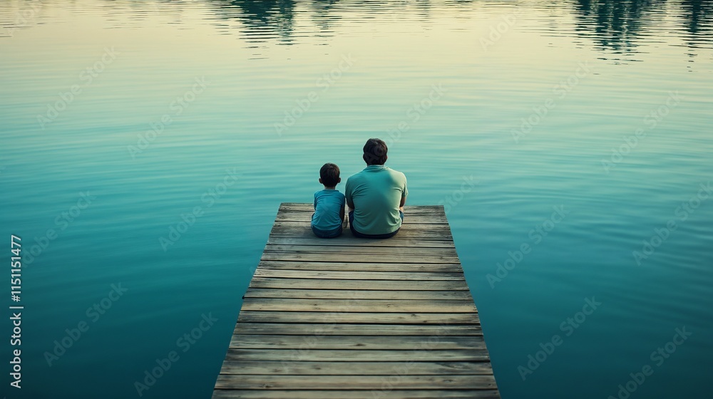 Father and child sitting on a dock by a calm lake Father and child sitting on a dock by a calm lake
