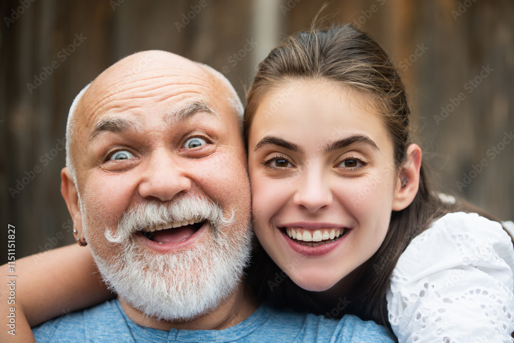 Senior old man and daughter. Sexy lady with sugar daddy, close up portrait. Senior grandad and young woman in love. Daughter and father kiss in love. Grandad and granddaughter. Parents love. Senior old man and daughter. Sexy lady with sugar daddy, close up portrait. Senior grandad and young woman in love. Daughter and father kiss in love. Grandad and granddaughter. Parents love.