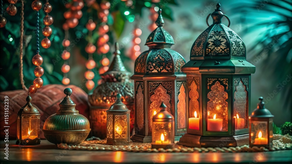 Obraz premium Free New Photo Ramadan and Eid al fitr concept backgrounds dates with traditional lantern Light Lamp and Tasbeeh, Ramadan Kareem Mubarak background