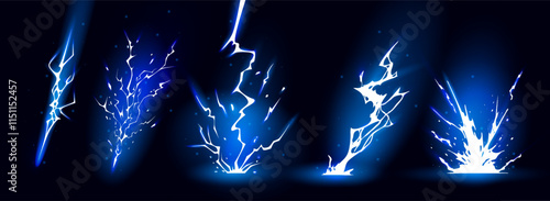 Lightning strike bolt silhouettes sequence vector illustration. Bright thunderbolts and zippers are natural phenomena isolated on a dark background. Thunderstorm electric effect of light shining flash