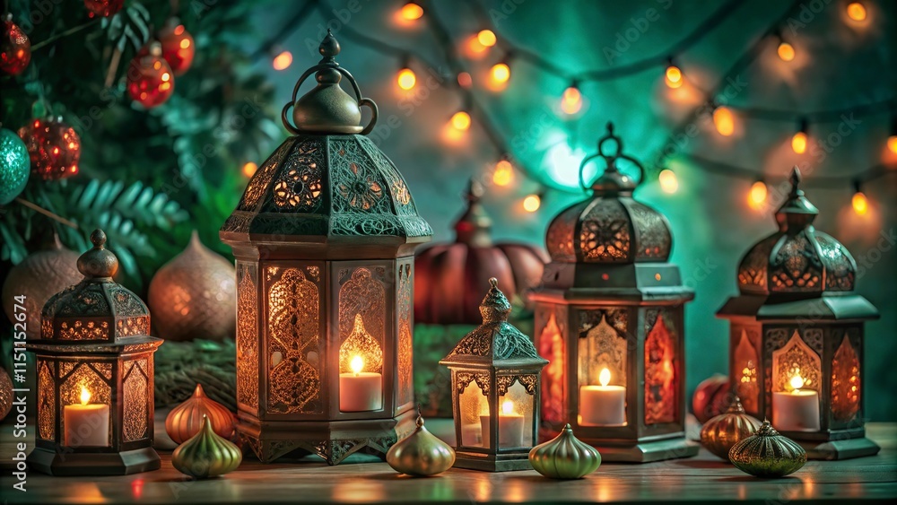 Obraz premium Free New Photo Ramadan and Eid al fitr concept backgrounds dates with traditional lantern Light Lamp and Tasbeeh, Ramadan Kareem Mubarak background