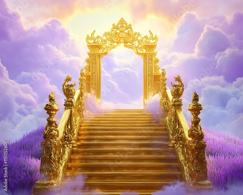 Golden,steps,leading,to,a,divine,gate,amidst,a,serene,purple,and,lavender,sky,,