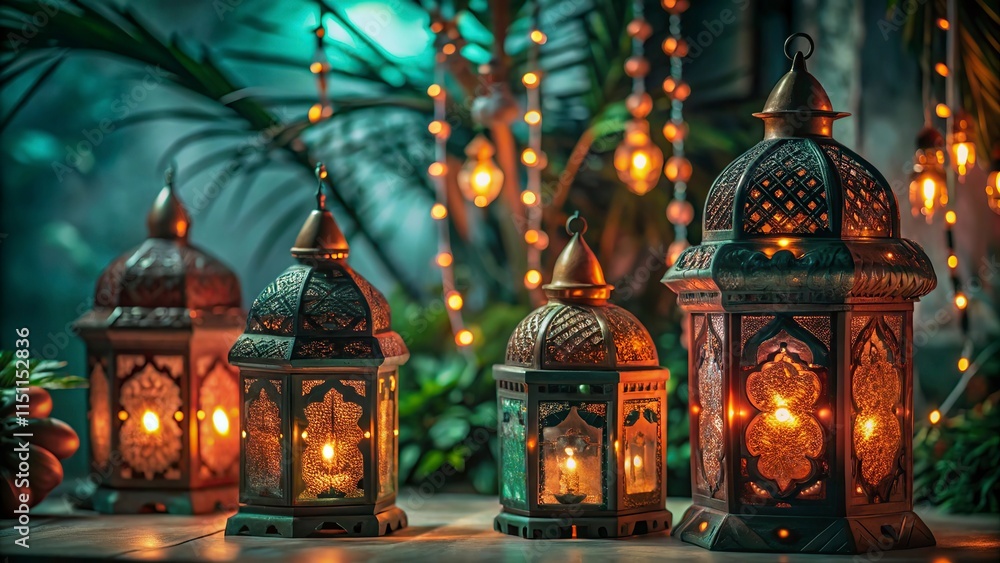 Obraz premium Free New Photo Ramadan and Eid al fitr concept backgrounds dates with traditional lantern Light Lamp and Tasbeeh, Ramadan Kareem Mubarak background