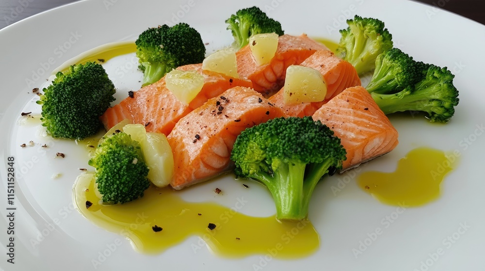 Freshly Cooked Salmon Fillet Served with Tender Broccoli and Drizzled Olive Oil on a White Plate Garnished with Lemon and Black Pepper Seasoning Freshly Cooked Salmon Fillet Served with Tender Broccoli and Drizzled Olive Oil on a White Plate Garnished with Lemon and Black Pepper Seasoning