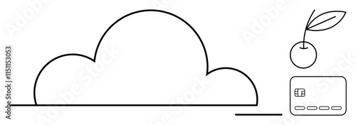 Cloud with a horizontal line, cherry with leaf, and smart card with chip. Ideal for technology, finance, cloud services, nature, digital transformation innovation environment. Line metaphor