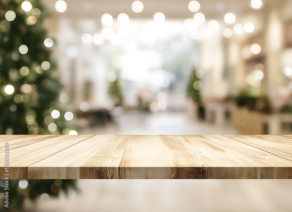 Empty wooden table top with a blurred living room interior and Christmas tree background for product display, branding, or montage of products in the front view Empty wooden table top with a blurred living room interior and Christmas tree background for product display, branding, or montage of products in the front view