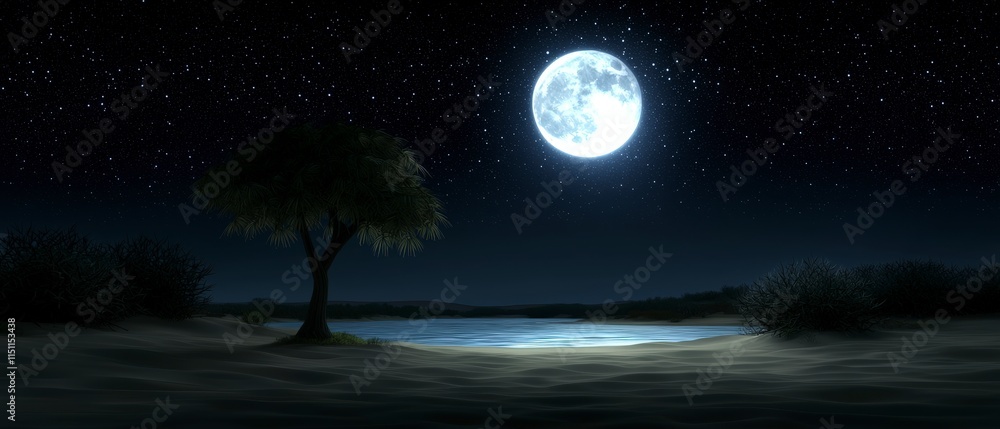 Fototapeta premium Serene Night Moonlit Riverbank Starry Sky Tree Silhouette