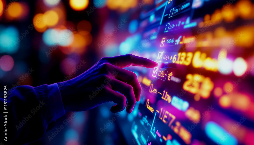 Hand interacting with a glowing digital checklist interface Hand interacting with a glowing digital checklist interface