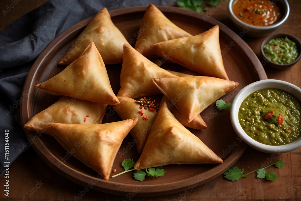 Golden-brown samosas, perfectly crisp and crunchy, are elegantly presented on a simple wooden plate, with a charming triangular shape Golden-brown samosas, perfectly crisp and crunchy, are elegantly presented on a simple wooden plate, with a charming triangular shape