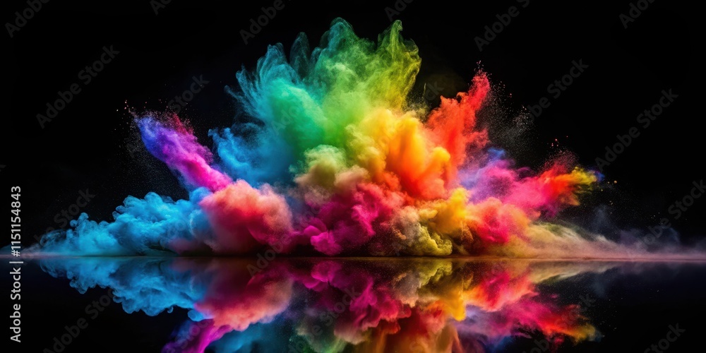 Colorful powder explosion on reflective surface creating vibrant plume of smoke against dark background, celebration, art Colorful powder explosion on reflective surface creating vibrant plume of smoke against dark background, celebration, art