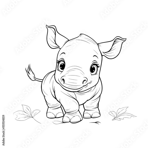 Cute baby rhino illustration for children coloring page 