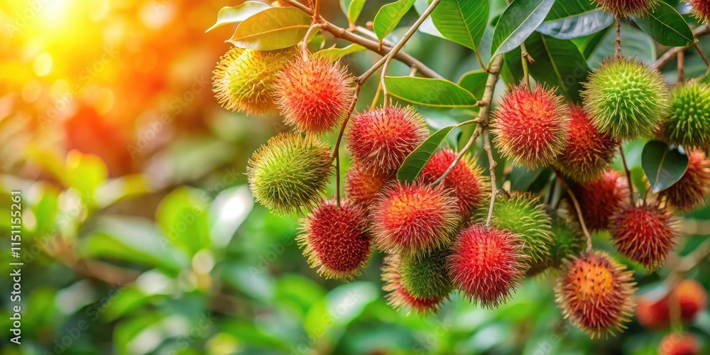 Rambutan tree with branches full of ripe fruits, tropical, exotic, agriculture, harvest, juicy, sweet, tasty, spiky, tree, nature Rambutan tree with branches full of ripe fruits, tropical, exotic, agriculture, harvest, juicy, sweet, tasty, spiky, tree, nature