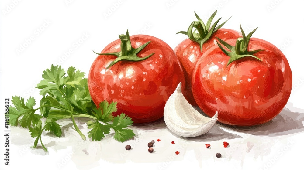 Freshly Harvested Red Tomatoes with Garlic Cloves and Green Cilantro Leaves on an Isolated White Background for Culinary and Cooking Themes Freshly Harvested Red Tomatoes with Garlic Cloves and Green Cilantro Leaves on an Isolated White Background for Culinary and Cooking Themes