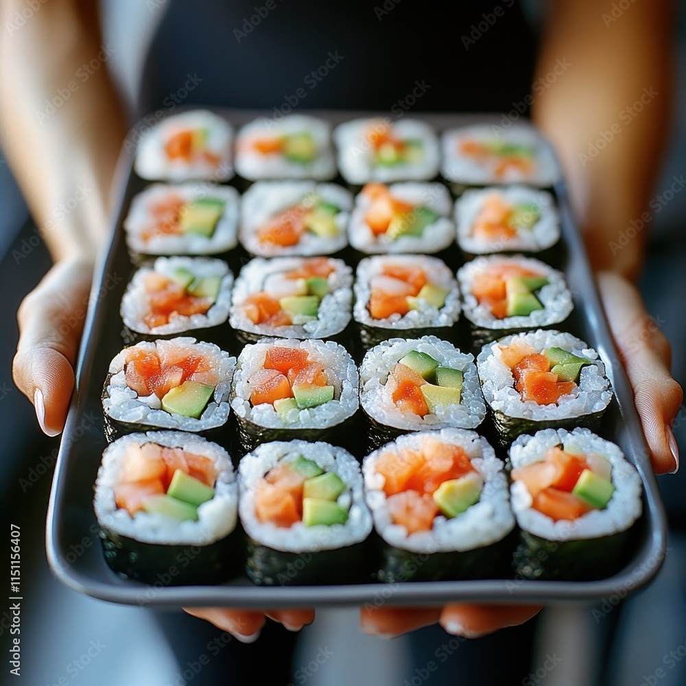 Hands holding a sushi platter with avocado rolls in a refined dining setting. Hands holding a sushi platter with avocado rolls in a refined dining setting.