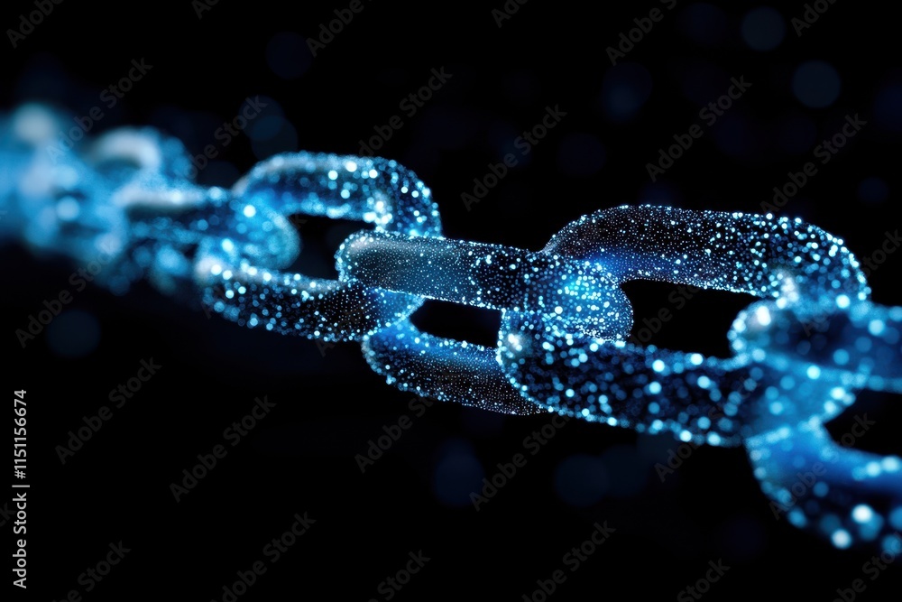 Glowing blue digital chain links on black background. Glowing blue digital chain links on black background.