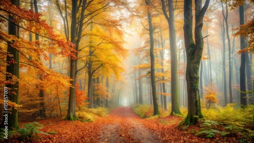 Misty morning in an autumn forest , mist, fog, trees, woodland, fall, leaves, serene, tranquil, nature, greenery, peaceful