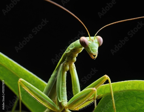 Close-up of a vibrant green praying mantis. photo